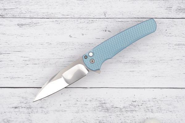 Protech Malibu - Mirror Polished Wharncliffe - Tiffany Blue Dragon Scale - Mother of Pearl Button - Satin Hardware - CPM-154 sold by SellYourKnife USA