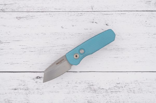 ProTech Runt 5 - Tiff Blue Handles, Reverse Tanto MagnaCut Stonewashed Blade, Satin Hardware, Polish Clip sold by SellYourKnife USA