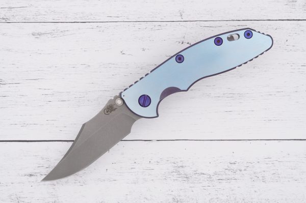 Rick Hinderer XM-18 3.5 Bowie - Non Flipper - Satin Two Tone - Working Finish Blade - Titanium Purple Hardware sold by SellYourKnife USA